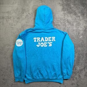 TRADER JOE'S Mens L Blue Hibiscus Hoodie Jacket Zip Up Fleece NWOT Crew Member